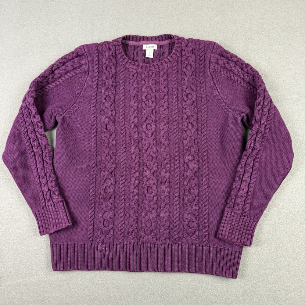 LL Bean Sweater Multi Cable Knit‎ Raspberry W's L Chunky NC Cotton Crew 298839